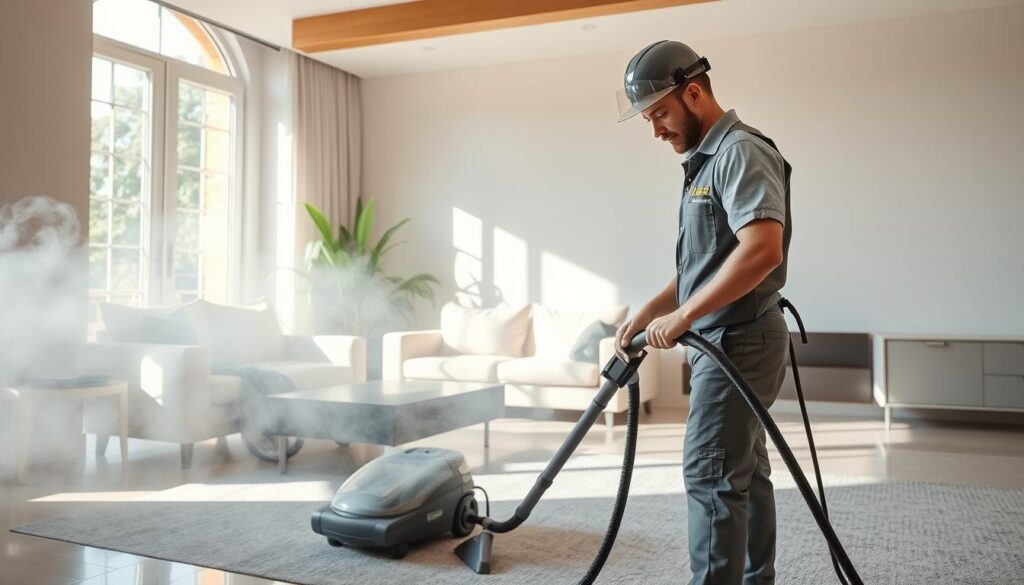 A bright and clean living room featuring a professional steam cleaning service in action, showcasing a technician from "أركان كلين" wearing a branded uniform and safety gear. In the foreground, the technician operates a modern steam cleaning machine, surrounded by steam rising from a freshly cleaned carpet. The middle ground reveals spotless furniture and gleaming surfaces, highlighting the effectiveness of steam cleaning. Natural light streams through a large window, casting soft shadows that enhance the clean and inviting atmosphere of the room. In the background, a potted plant adds a touch of greenery, emphasizing the fresh, healthy feel of a steam-cleaned home. The overall mood conveys professionalism and cleanliness, showcasing the benefits of steam cleaning for residential spaces. A bright and clean living room featuring a professional steam cleaning service in action, showcasing a technician from "أركان كلين" wearing a branded uniform and safety gear. In the foreground, the technician operates a modern steam cleaning machine, surrounded by steam rising from a freshly cleaned carpet. The middle ground reveals spotless furniture and gleaming surfaces, highlighting the effectiveness of steam cleaning. Natural light streams through a large window, casting soft shadows that enhance the clean and inviting atmosphere of the room. In the background, a potted plant adds a touch of greenery, emphasizing the fresh, healthy feel of a steam-cleaned home. The overall mood conveys professionalism and cleanliness, showcasing the benefits of steam cleaning for residential spaces.