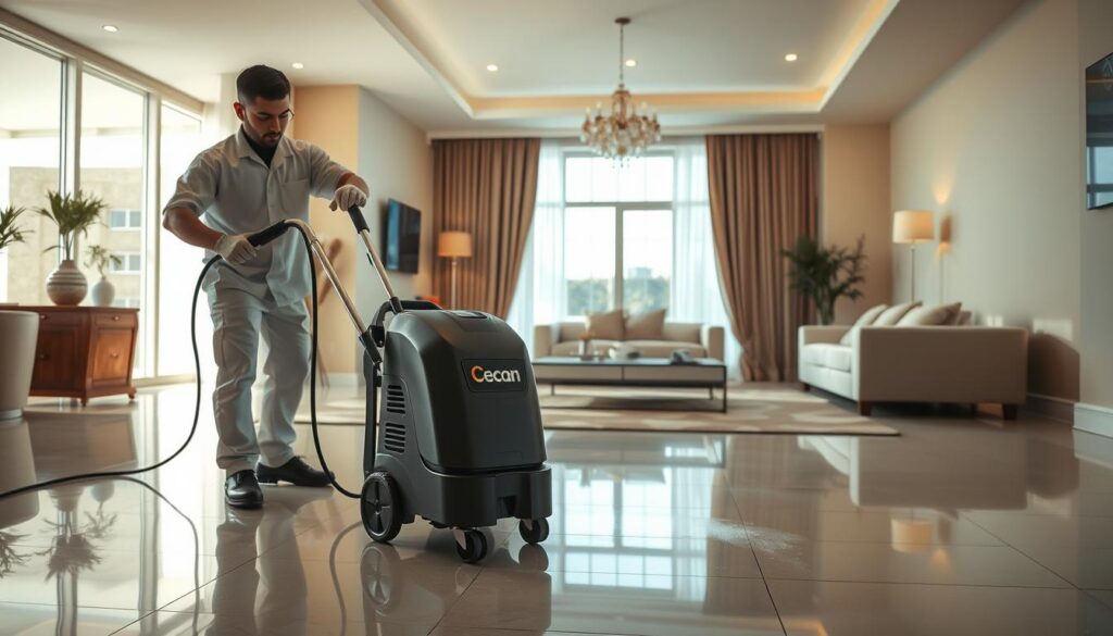 A professional steam cleaning service in Mecca, showcasing "أركان كلين" as the prominent brand. In the foreground, a skilled technician wearing a clean uniform uses a high-quality steam cleaning machine on a tiled floor, demonstrating the effectiveness of steam cleaning. The middle section features a bright and well-organized home interior, with pristine furniture and sparkling surfaces, indicating the results of a thorough cleaning. The background shows large windows allowing natural light to flood the room, creating a warm and inviting atmosphere. The lighting is soft and bright, enhancing the cleanliness and freshness of the environment. The overall mood is professional and reassuring, reflecting the excellence of the steam cleaning services offered. A professional steam cleaning service in Mecca, showcasing "أركان كلين" as the prominent brand. In the foreground, a skilled technician wearing a clean uniform uses a high-quality steam cleaning machine on a tiled floor, demonstrating the effectiveness of steam cleaning. The middle section features a bright and well-organized home interior, with pristine furniture and sparkling surfaces, indicating the results of a thorough cleaning. The background shows large windows allowing natural light to flood the room, creating a warm and inviting atmosphere. The lighting is soft and bright, enhancing the cleanliness and freshness of the environment. The overall mood is professional and reassuring, reflecting the excellence of the steam cleaning services offered.
